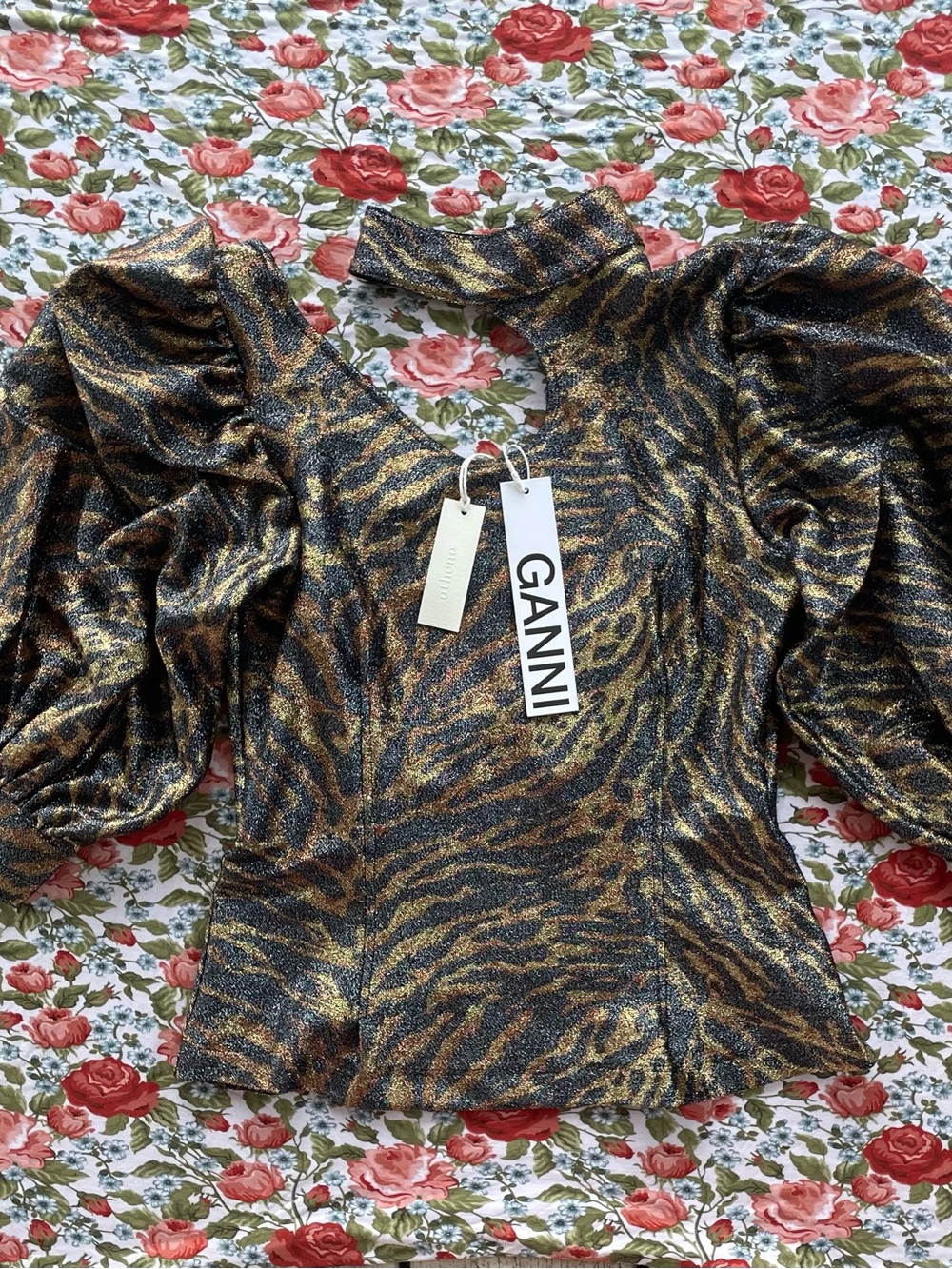 *BNWT* GANNI Gold Glitter Animal Print Mock Neck Top XS